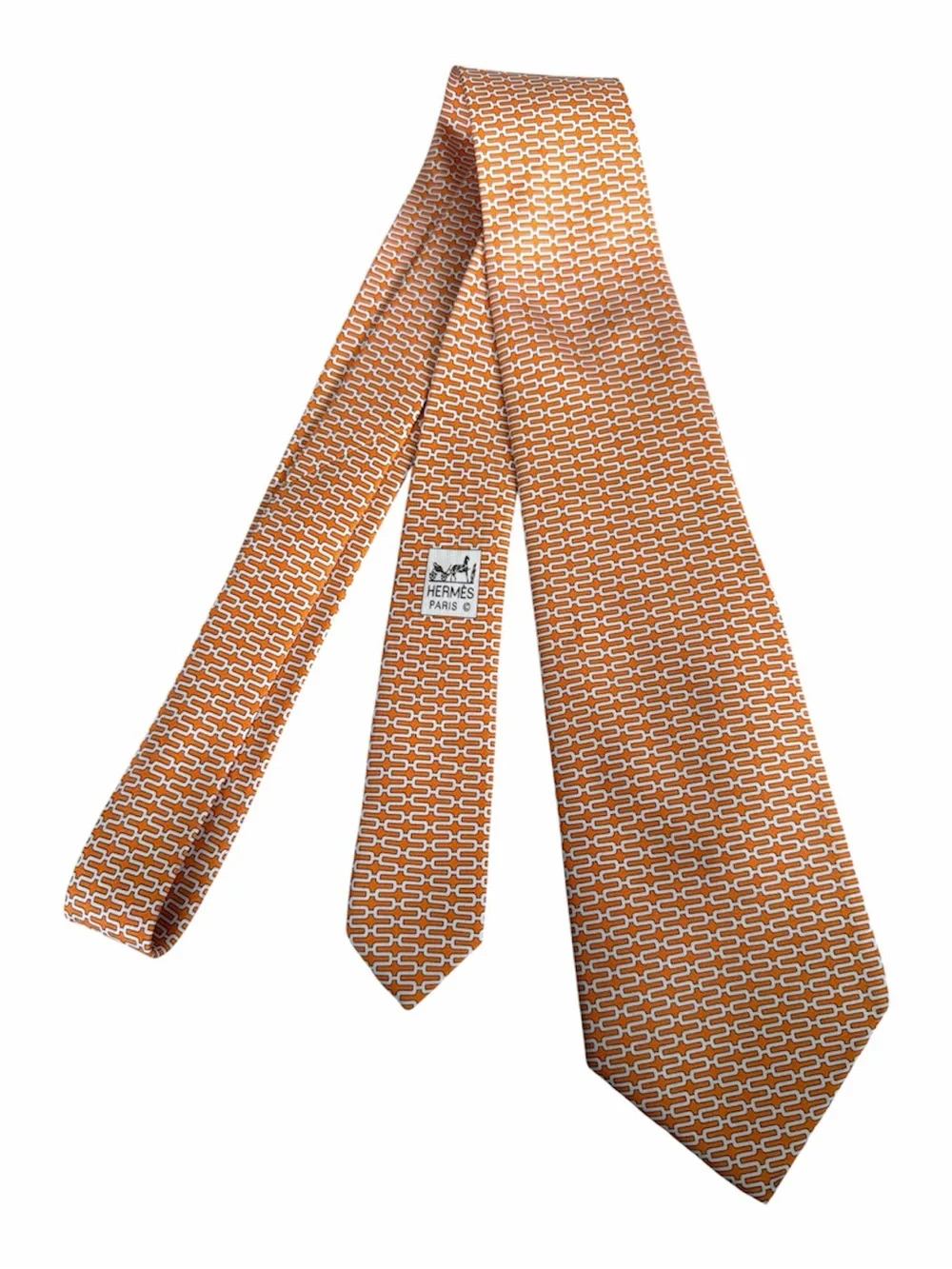 Hermes Orange and White Link-Pattern Silk Tie